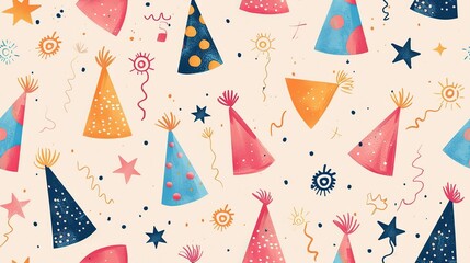 Fototapeta premium cute party hat with confetti doodle sketch , seamless pattern nursery design cartoon style illustration with grungy texture, Generative Ai