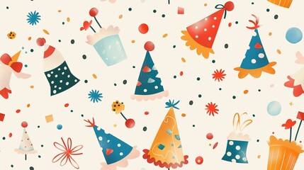  cute party hat with confetti doodle sketch , seamless pattern  nursery design cartoon style illustration with grungy texture, Generative Ai
