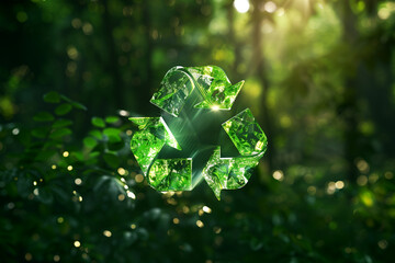 3D green glass recycling symbol amidst a forest - obrazy, fototapety, plakaty