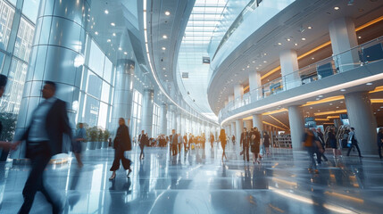 Vibrant and energetic atmosphere in a busy business lobby with people moving quickly and decisively.