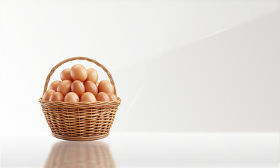 3d cartoon fresh brown chicken eggs in stack in wicker basket,copy space background
