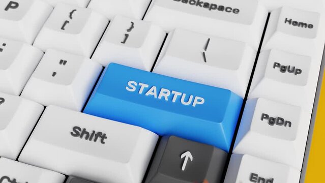 Business startup, project launch, successful idea. Start up launch, Start up venture, entrepreneurship concept. 3D startup keyboard key with rocket launching. 4K 3D animation