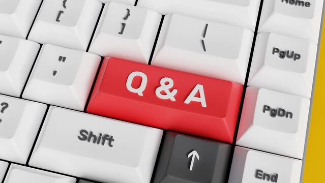 Q and A, question and answer session. Ask, schedule, meeting, FAQ, chat concept. FAQ or frequently asked questions. Q and A key on 3D keyboard. 4K 3D animation