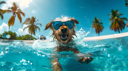 Happy dog swimming in tropical waters wearing sunglasses. Summer vibes. Joyful pet enjoying vacation. Water adventure. AI - obrazy, fototapety, plakaty