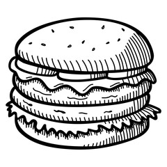 Doodle line art vector illustration of a cheese burger isolated on white