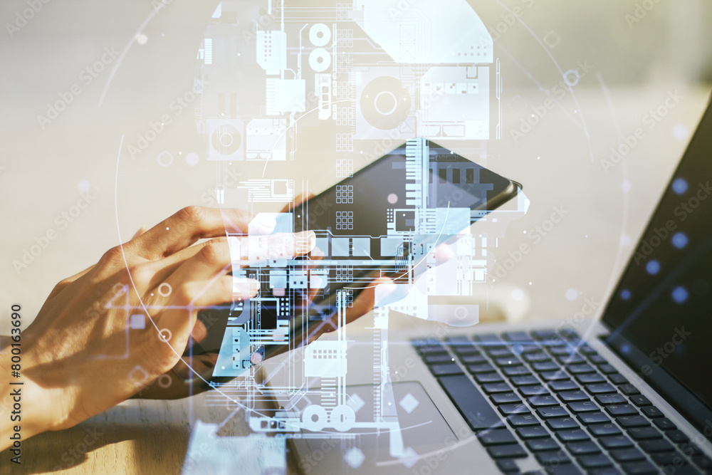 Poster double exposure of creative artificial intelligence symbol with finger clicks on a digital tablet on