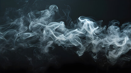 Background image of a wisp of smoke on a dark background. The texture of the flowing smoke. Graphic resources dark backdrop. of white clouds of fog. Curls of smoke frozen in motion.