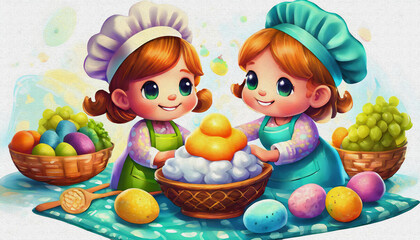 Obraz na płótnie Canvas oil painting style CARTOON CHARACTER CUTE baby Little Bakers Enjoying Kitchen Fun isolated on white background, 