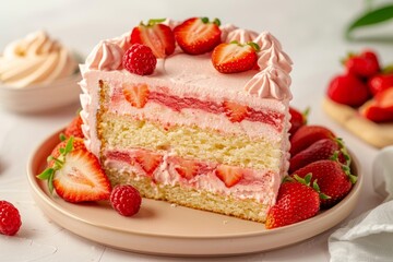 Scrumptious homemade strawberry sponge cake slice with fresh berries and whipped cream on a plate