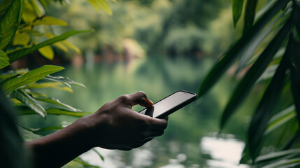 A closeup of a black hand holding a smartphone, composing a heartfelt message to a loved one, person using smartphone