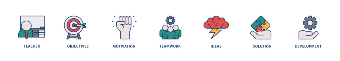 Workshop icons set collection illustration of teacher, objectives, motivation, teamwork, ideas, solution, and development icon live stroke and easy to edit 
