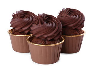 Three delicious chocolate cupcakes isolated on white