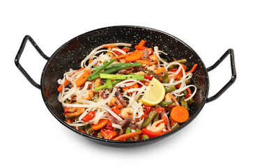 Shrimp stir fry with noodles and vegetables in wok isolated on white