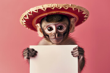 a monkey portrait wearing a sombrero hat and mexican style clothing holding a blank promotion sign - obrazy, fototapety, plakaty