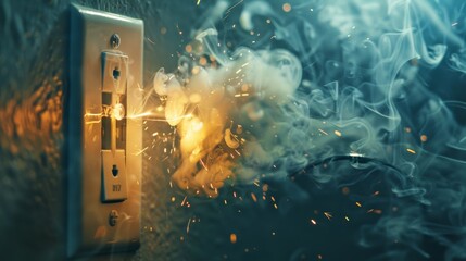 A close-up shot of an electrical outlet sparking and smoking, with a burning smell wafting in the air. 