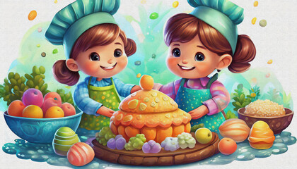 oil painting style CARTOON CHARACTER CUTE baby Little Bakers Enjoying Kitchen Fun isolated on white background, 