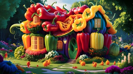 Fototapeta premium A picture of a house with a garden and vegetables.