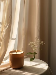 An elegant lit candle on a table near a window covered with sheer curtains.