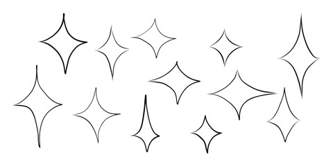 Whimsical doodle style vector illustration featuring stars of various shapes and sizes against a clean white background.