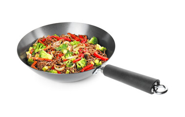 Stir-fry. Tasty noodles with meat and vegetables in wok isolated on white