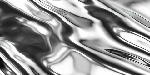 Abstract silver liquid metal background. Stainless steel gray chrome smooth gradient waves industrial backdrop. Shining bent surface with ripples, reflections. Swirl fluid melting wavy flowing motion