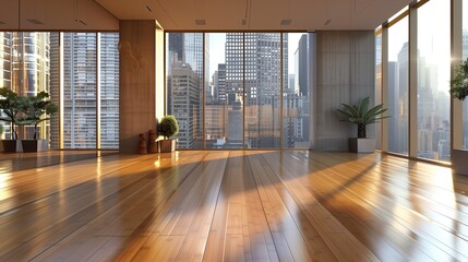 Obraz premium A sleek yoga studio with bamboo flooring and panoramic windows.