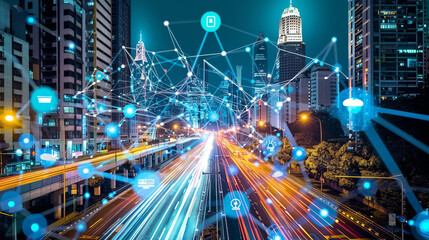 A smart city landscape with IoT sensors embedded in infrastructure such as streetlights traffic signals and waste bins illustrating the role of IoT in optimizing urban services reducing 