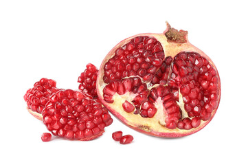 Fresh cut pomegranate with juicy seeds isolated on white