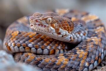 Obraz premium Western Diamondback Rattlesnake: Coiled in a defensive posture, rattling its tail, emphasizing danger. 