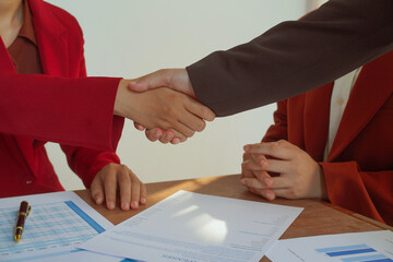 Indoor business meeting in a modern office. Confident businesswoman and businessman shaking hands....
