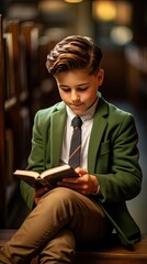 A young boy is sitting on a bench reading a book