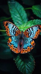 A butterfly with blue and orange wings is sitting on a leaf