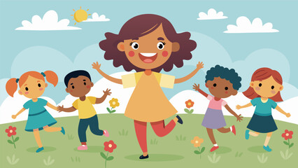 A young girl smiling with pride as she shows off her drawing of a group of diverse children holding hands and running freely through a field.. Vector illustration