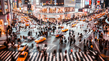 A vibrant image of bustling Times Square at night, showcasing the energy of the city with moving pedestrians and taxis.