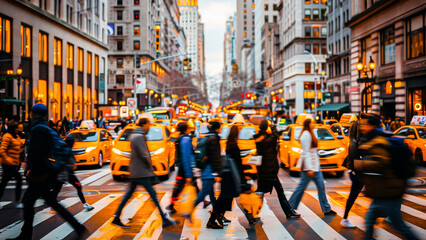 Busy urban city scene with pedestrians crossing a street with yellow taxis and light trails in the background.