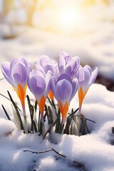 A bunch of purple and orange flowers are in the snow