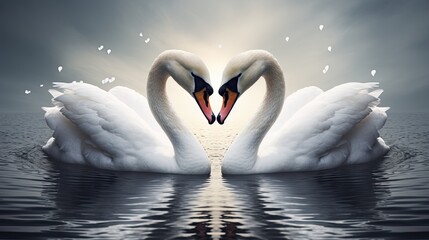 Fototapeta premium Two swans are swimming in a lake, their heads touching