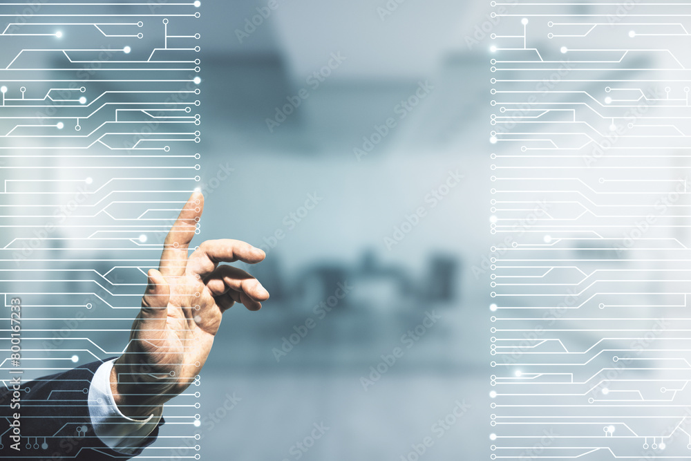 Aufkleber Man hand presses on abstract virtual microscheme illustration on blurred office background. Big data and database concept. Multiexposure