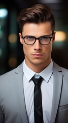 A man wearing a suit and tie with glasses