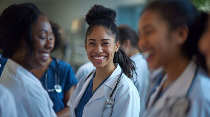 A photo of a happy African American female doctor  with nurses from various ethnicities. National Nurses Day