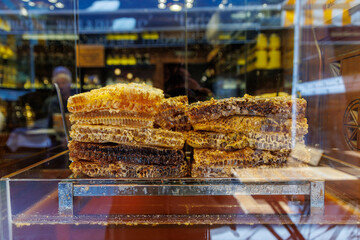 Honeycomb with honey in closeup on market