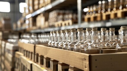 A warehouse stocked with various drinkware including empty glass bottles for mass production of barware. The shelves are filled with glass, wood, and metal containers for alcoholic beverages