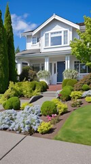 A large white house with a blue front door and a white porch