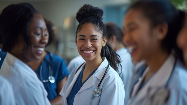 A photo of a happy African American female doctor with nurses from various ethnicities. National Nurses Day