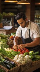 A man is cutting vegetables at a market