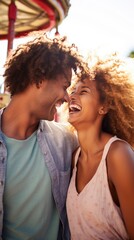 A man and woman are smiling and laughing together