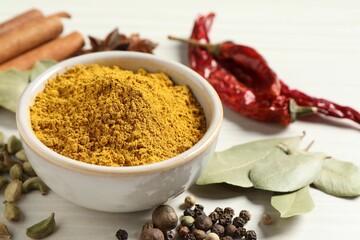 Curry powder in bowl and other spices on white wooden table, closeup