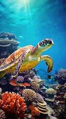 Obraz premium A turtle is swimming in the ocean with a school of fish