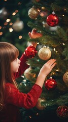 A young girl is decorating a Christmas tree with red and gold ornaments