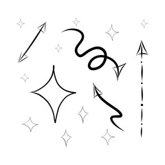 Stars and arrows of different shapes on a white background, in Doodle style, vector illustration